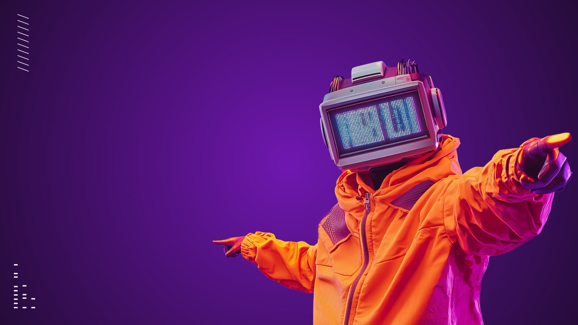 Personaje con cabeza de pantalla LED y chaqueta naranja, señalando hacia adelante