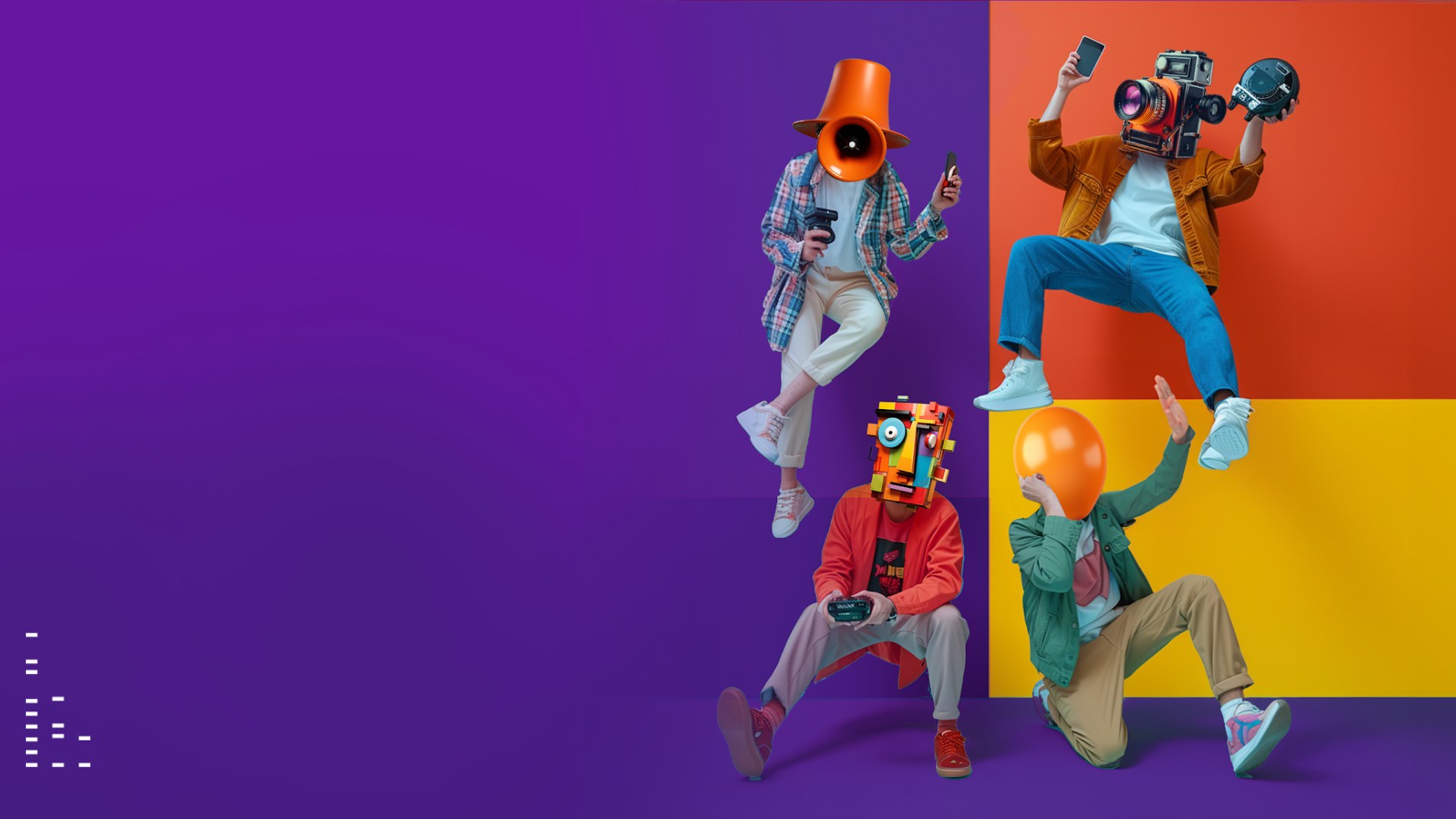 Equipo tbō: cuatro personas con objetos creativos en lugar de cabezas, sobre bloques de color