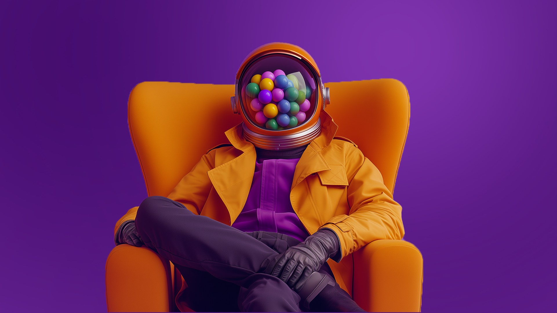 Astronauta tbō sentado en un sillón naranja, con el casco lleno de esferas de colores
